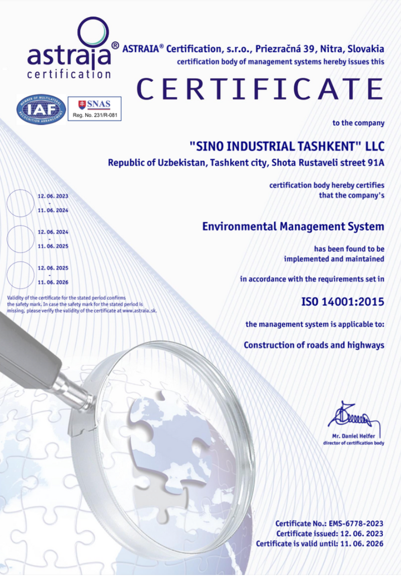 ISO 14001:2015 Environmental Management System Certificate — SINOWAY-TEKAR LLC, valid until June 2026