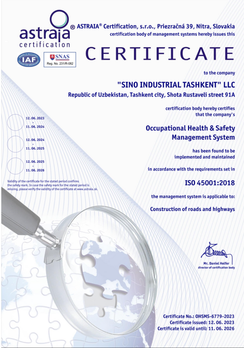 ISO 45001:2018 Occupational Health and Safety Management Certificate — SINOWAY-TEKAR LLC, valid until June 2026