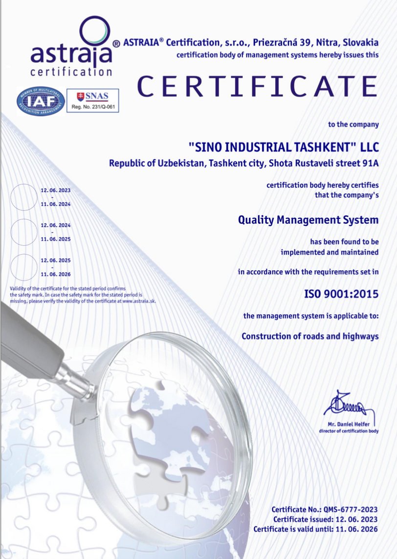 ISO 9001:2015 Quality Management System Certificate — SINOWAY-TEKAR LLC, certified by ASTRAJA Slovakia, valid until June 2026
